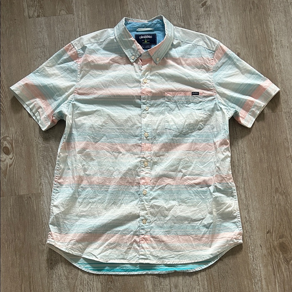 Men’s Chubbies Short Sleeve Striped Button Down Pastel Pink and Blue